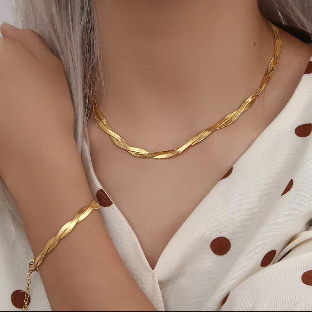 Braided New Herringbone Necklace Bracelet
 Gold 18K plated Set Stainless Steel - Picture 8 of 15